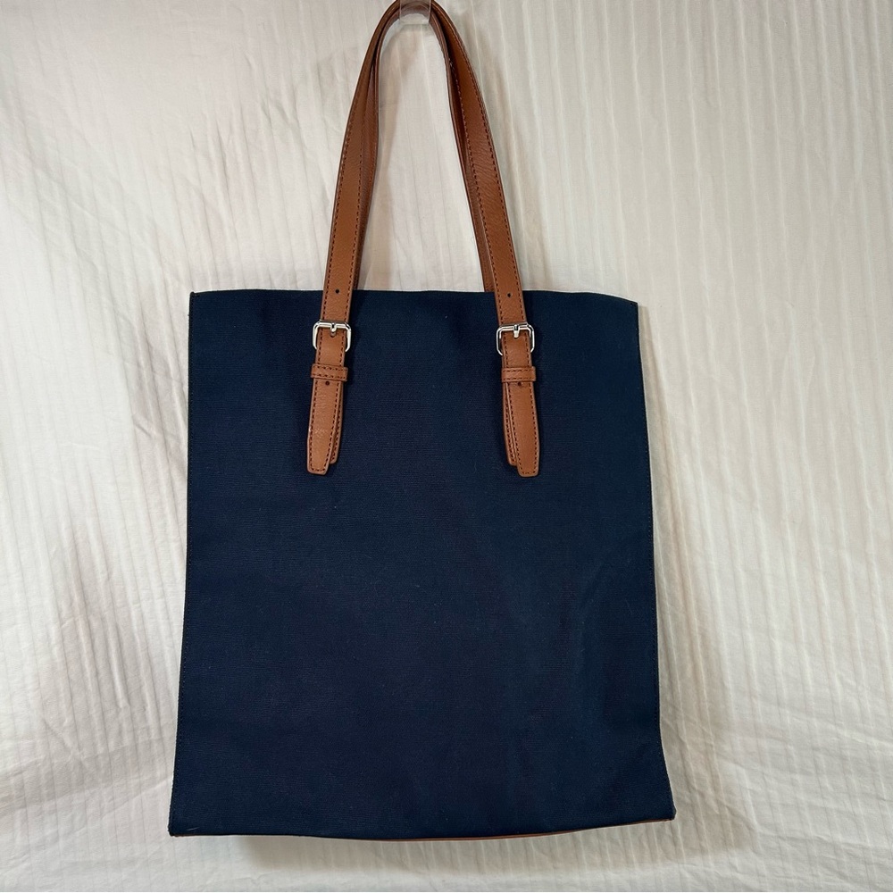 Talbots Blue canvas with Tan leather trim and Handles Tote Shoulder Bag - Picture 3 of 10